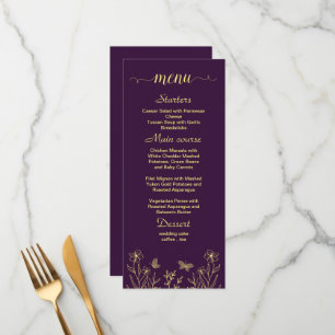 Simple gold flowers purple wedding menu