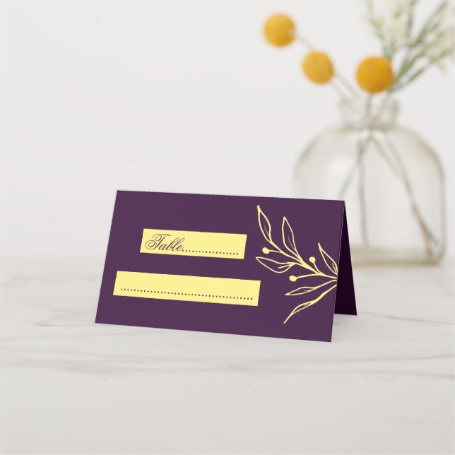 Simple gold flowers purple wedding place card (Front)