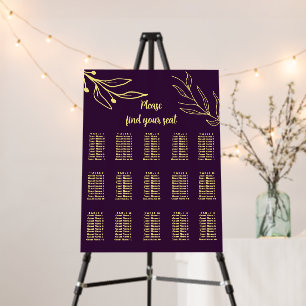Simple gold flowers purple wedding seating chart foam board