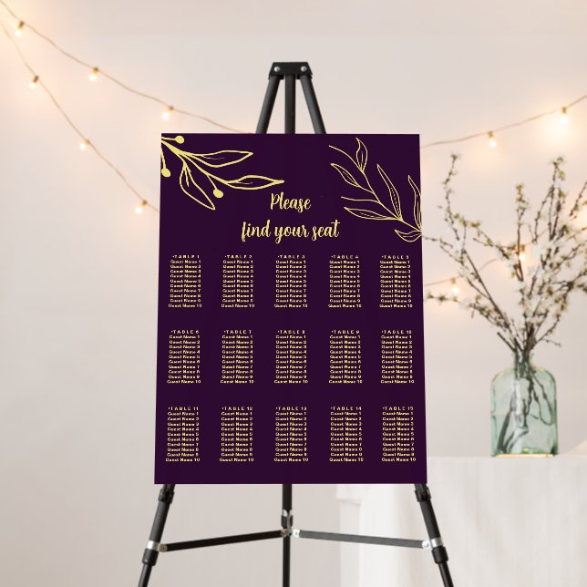 Simple gold flowers purple wedding seating chart foam board (In Situ (Stand))