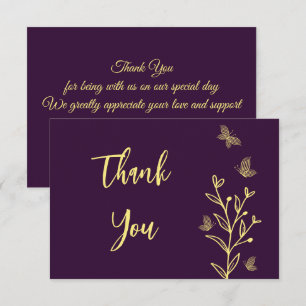 Simple gold flowers purple wedding thank you card