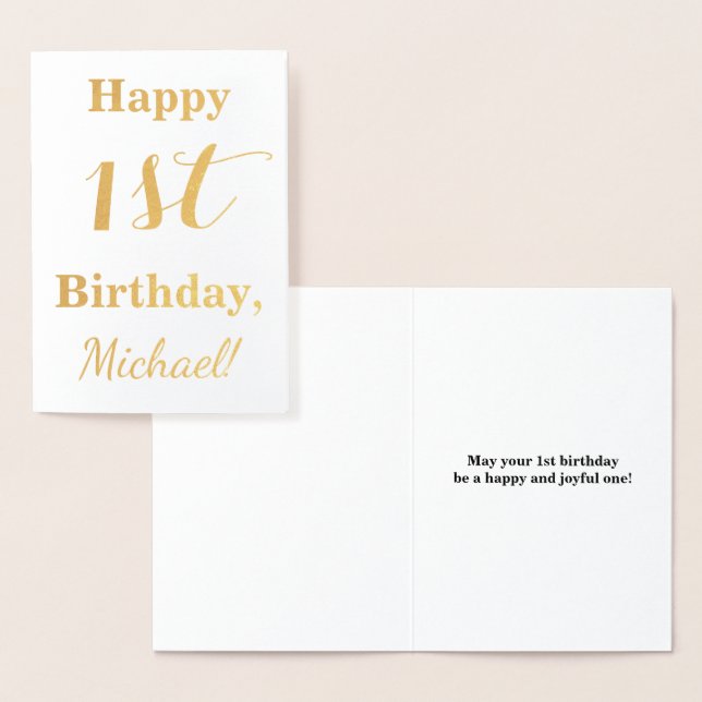 Simple Gold Foil 1st Birthday + Custom Name Foil Card (Display)