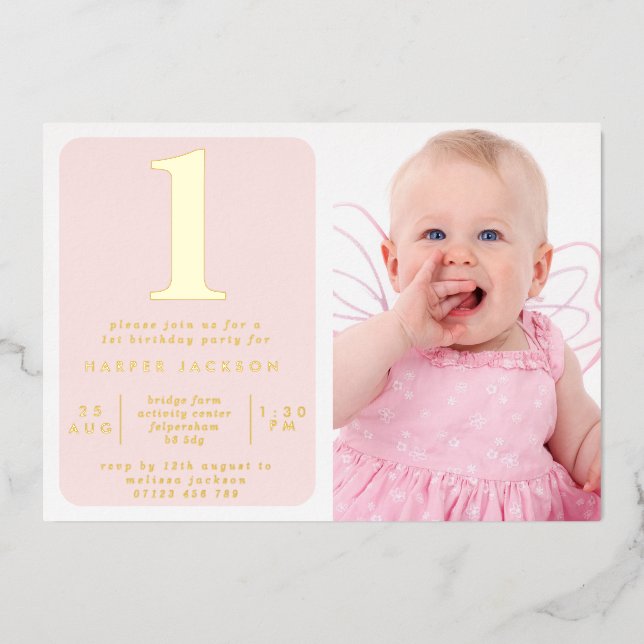 Simple Gold Foil & Blush 1st Birthday Photo Foil Invitation (Front)