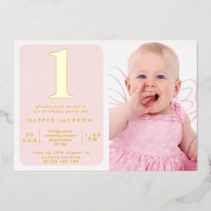 Simple Gold Foil & Blush 1st Birthday Photo Invitation