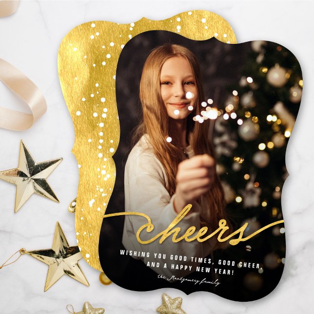 Simple Gold Foil Cheers Calligraphy Script Photo Holiday Card (Creator Uploaded)