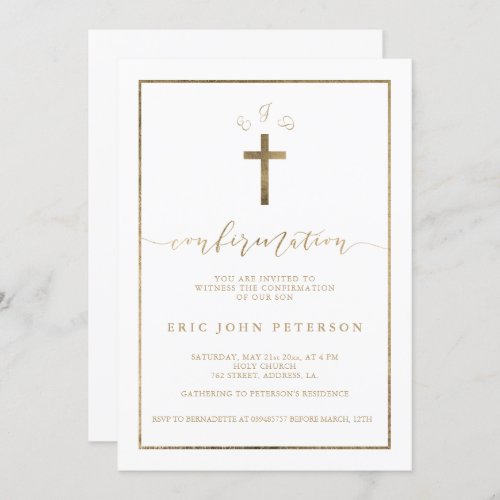 Simple gold foil cross white monogram confirmation invitation