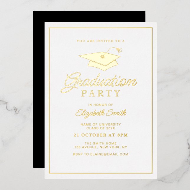 simple gold foil frame graduation party invitation (Front/Back)