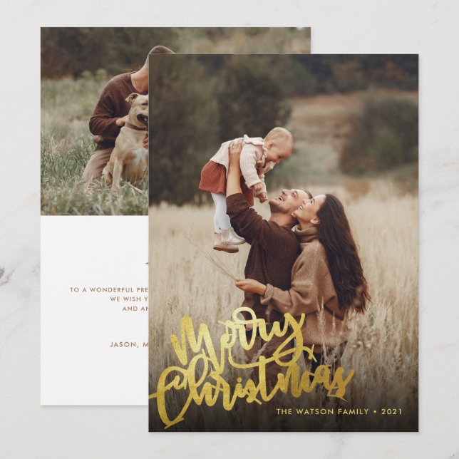 Simple Gold Foil Script Merry Christmas 2 Photo Holiday Card (Front/Back)