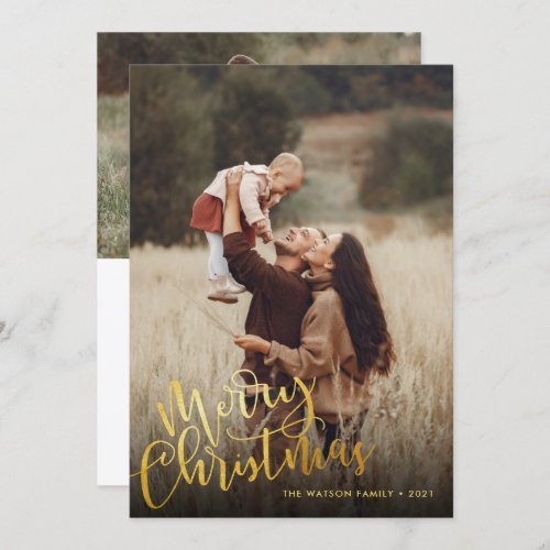 Simple Gold Foil Script Merry Christmas 2 Photo Holiday Card