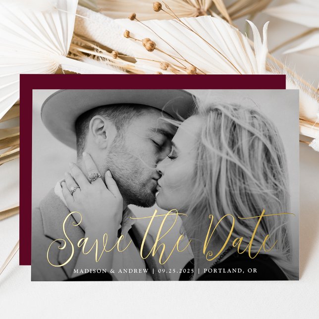 Simple Gold Foil Script Photo Save the Date Foil Invitation (Creator Uploaded)