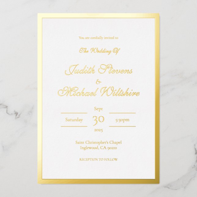 Simple Gold Foil White Wedding Foil Invitation (Front)