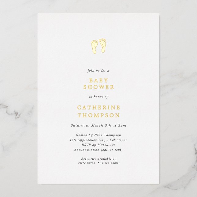 Simple Gold Footprints Baby Shower  Foil Invitation (Front)