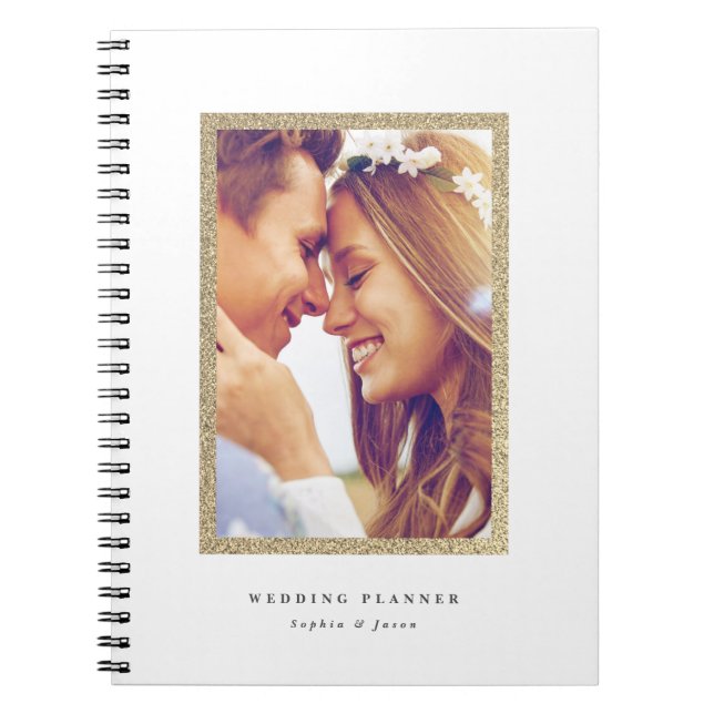 Simple Gold Glitter Frame Photo Wedding Notebook (Front)