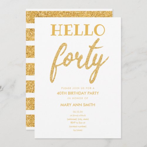 Simple Gold Glitter Hello Forty Birthday Party Invitation