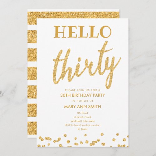 Simple Gold Glitter Hello Thirty Birthday Party Invitation