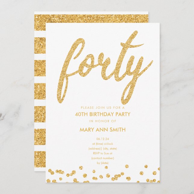 Simple Gold Glitter Type 40th Birthday Party Invitation (Front/Back)