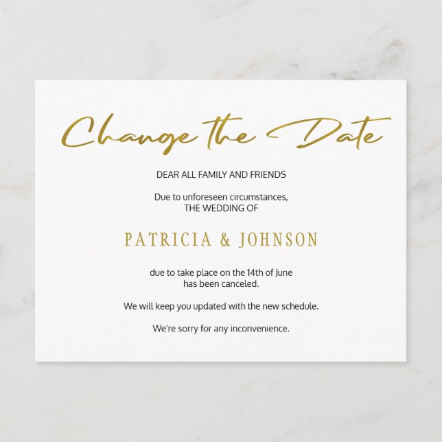 Simple gold glitter wedding change the date announcement postcard (Front)
