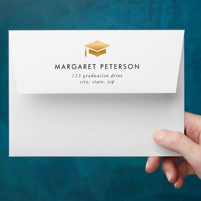 Simple Gold Grad Cap Graduation Announcement Envelope (Hand)