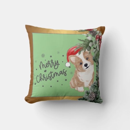 Simple Gold Green Corgi Christmas Throw Pillow