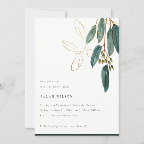 Simple Gold Green Eucalyptus Foliage Bridal Shower Invitation