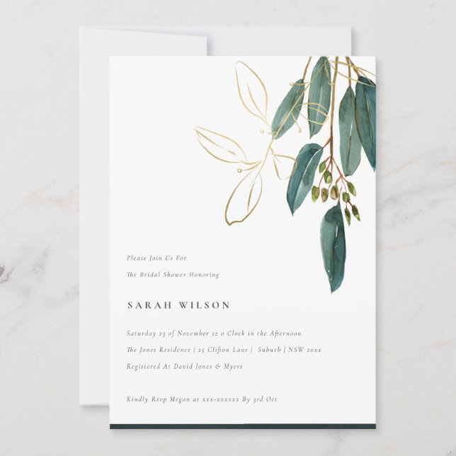 Simple Gold Green Eucalyptus Foliage Bridal Shower Invitation (Front)