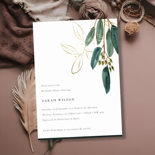 Simple Gold Green Eucalyptus Foliage Bridal Shower Invitation