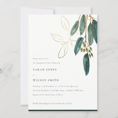 Simple Gold Green Eucalyptus Foliage Engagement Invitation