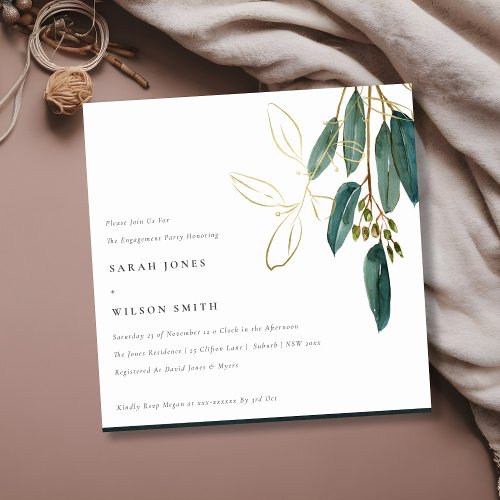 Simple Gold Green Eucalyptus Foliage Engagement Invitation