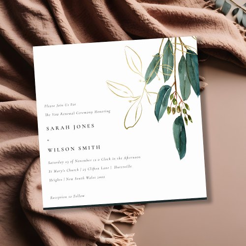 Simple Gold Green Eucalyptus Foliage Vow Renewal Invitation