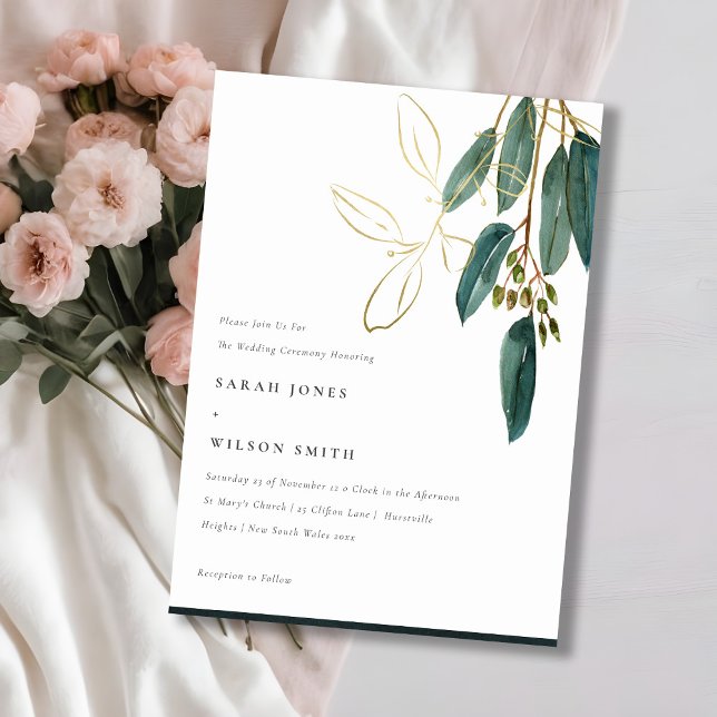 Simple Gold Green Eucalyptus Foliage Wedding Invitation (Creator Uploaded)