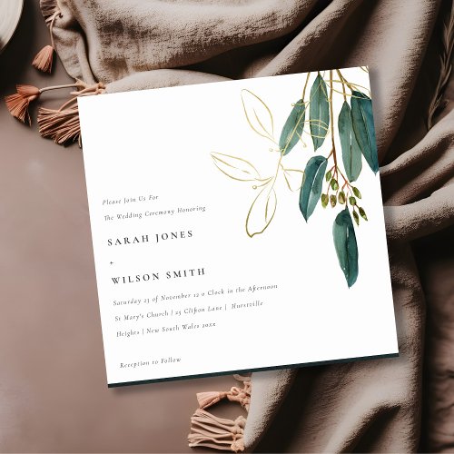 Simple Gold Green Eucalyptus Foliage Wedding Invitation