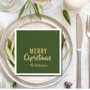 Simple Gold Green Merry Christmas Paper Napkins