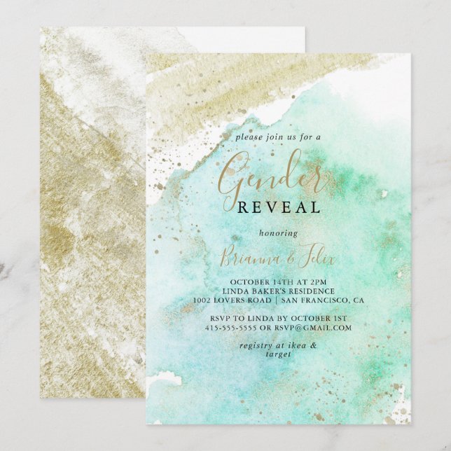 Simple Gold Green Minimalist Gender Reveal Party Invitation (Front/Back)