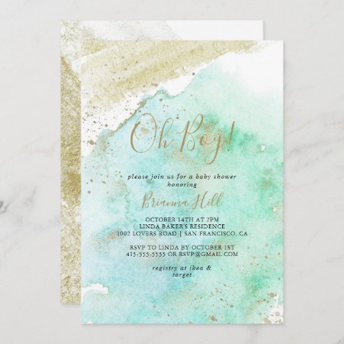 Simple Gold Green Oh Boy Baby Shower Invitation