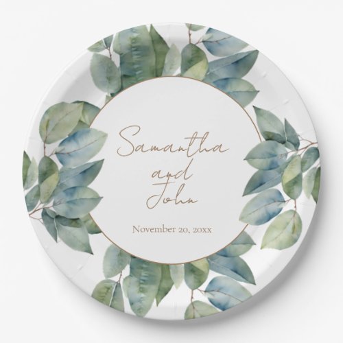 Simple gold green watercolor foliage paper plates