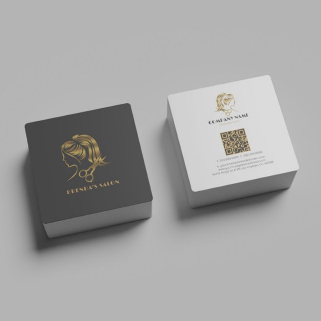 Simple Gold Hair Salon Logo Dark Gray Background Square Business Card (Creator Uploaded)