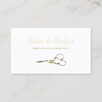 Simple Gold Hairstylist Scissors Hair Salon Business Card by GirlyBusinessCards at Zazzle