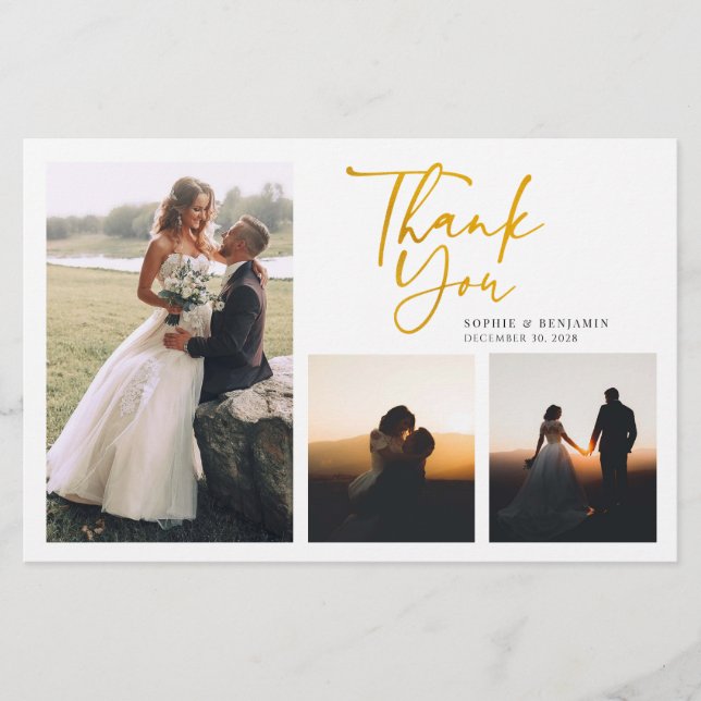 Simple Gold Hand-Lettered Wedding Thank You Card (Front)