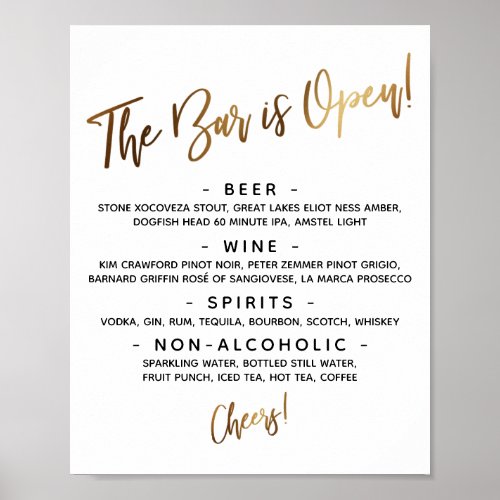 Simple Gold Handwriting Open Bar Menu Sign