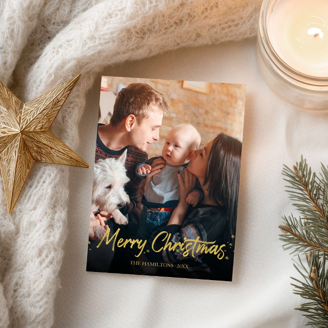 Simple Gold Handwritten Photo Merry Christmas Postcard (Creator Uploaded)