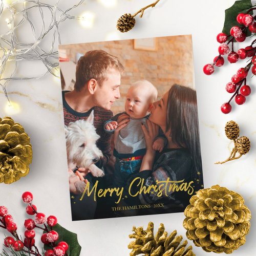 Simple Gold Handwritten Photo Merry Christmas Postcard