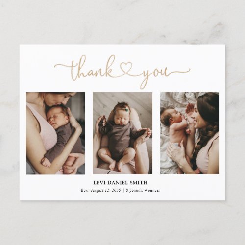 Simple Gold Heart Script 3 Photo Baby Thank You Postcard