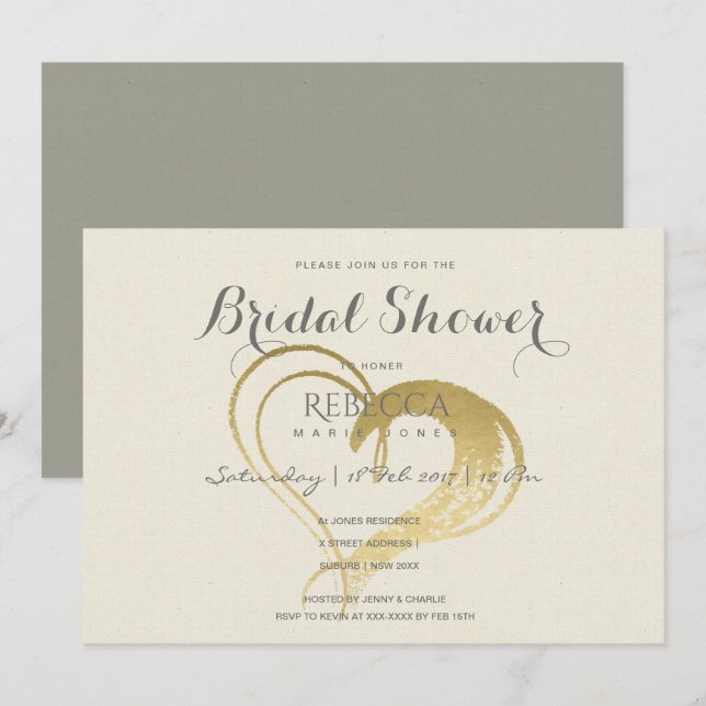 SIMPLE GOLD HEART TYPOGRAPHY Bridal Shower Invitation (Front/Back)