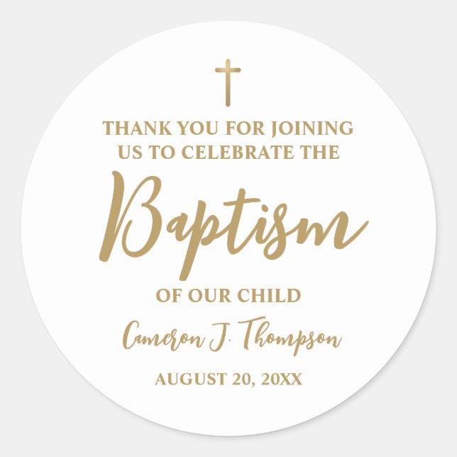 Simple Gold Hue Baby baptism thank you Classic Round Sticker (Front)