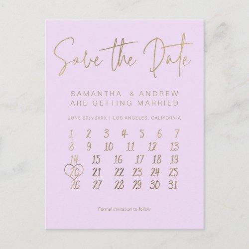 Simple gold lavender calendar save the date announcement postcard