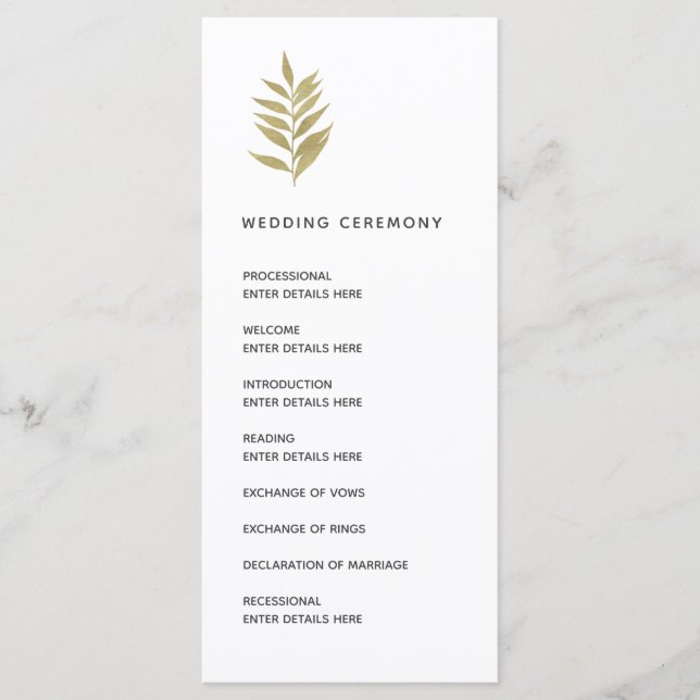 Simple Gold Leaf Botanical Wedding Ceremony Program (Front)