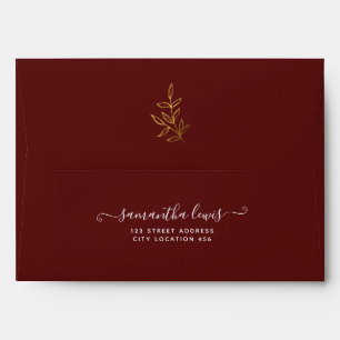 Simple Gold Leaves Burgundy Wedding Envelope