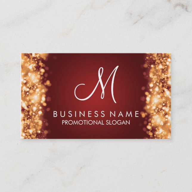 Simple Gold Lights Monogram Red Business Card (Front)