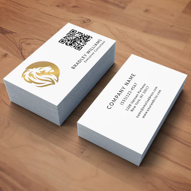 Simple Gold Lion Logo with QR Code Business Card | Zazzle