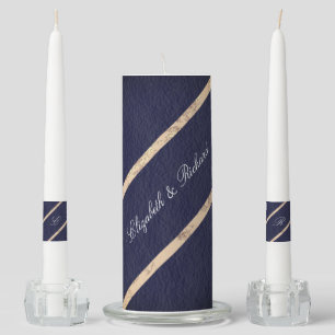 Simple  Gold Marble on Dark Blue Wedding Unity Candle Set